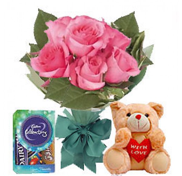 Pink Rose Hand Bunch, Small Teddy and Mini Cadbury Celebration